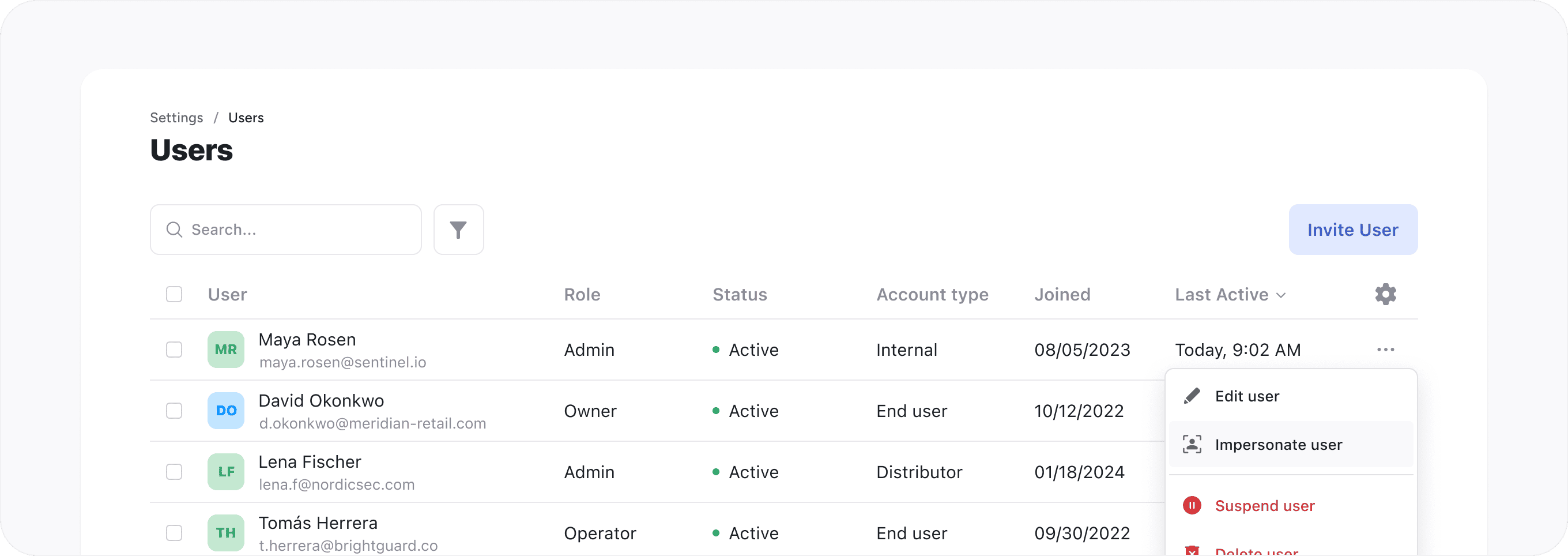 Users list with impersonate user action
