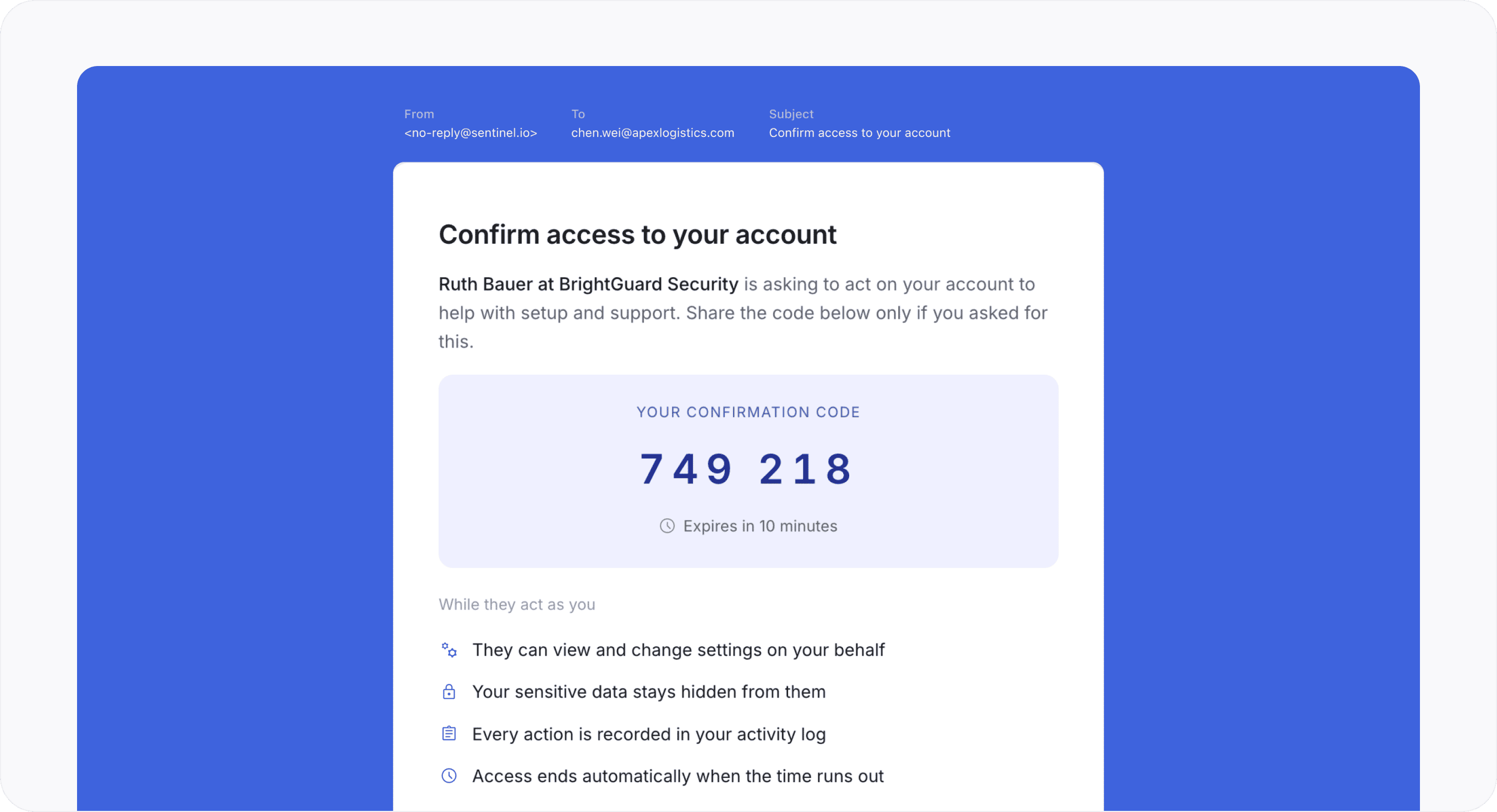 Email with external impersonation confirmation code